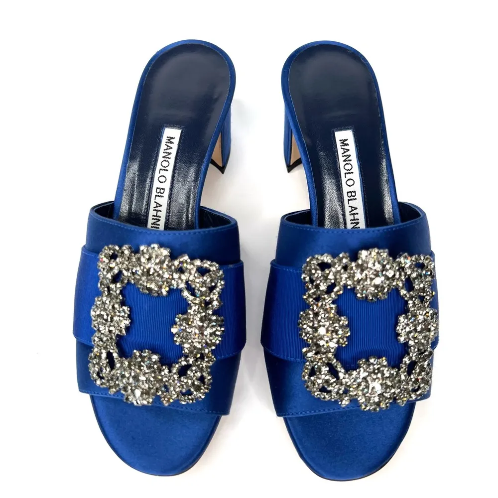 Manolo Blahnik Martanew 50mm Crystal Hangisi Blue Satin Mule Pump Size EU 35 - Image 11