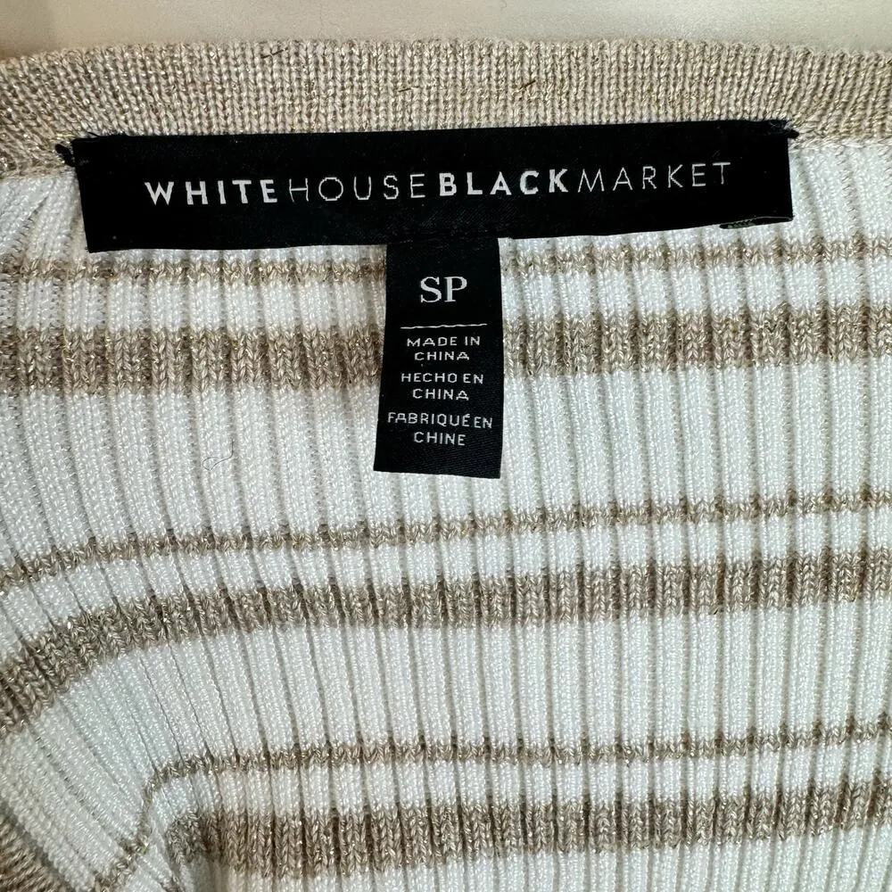 White House Black Market Cream Tan Striped Peplum Ribbed Knit Sweater Size Small - Image 7