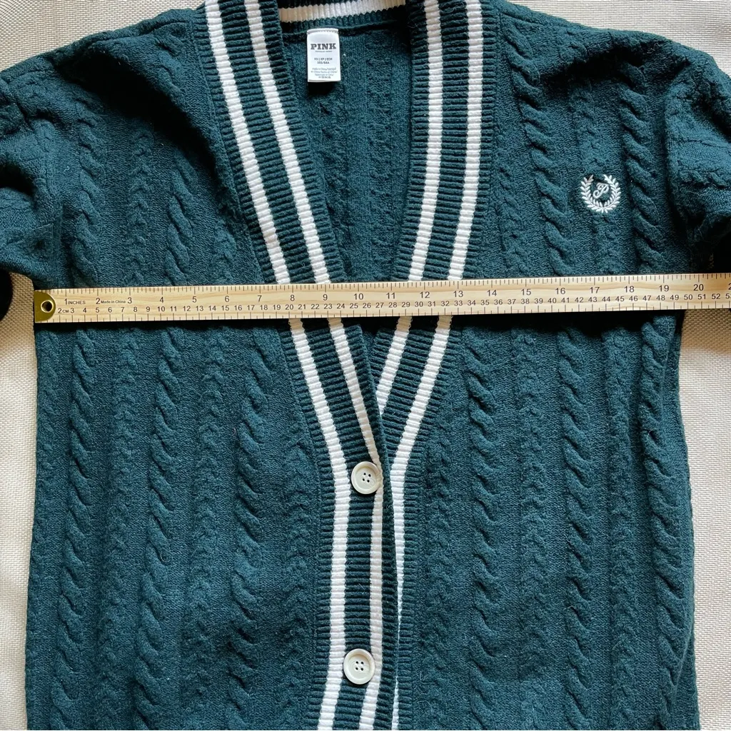VS PINK Oversized Collegiate V-Neck Cardigan Green XS Dark Academia Preppy Y2K - Image 8