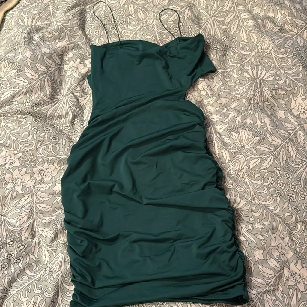 Oh Polly  Cut Out Ruched Green Mini Dress - Image 3