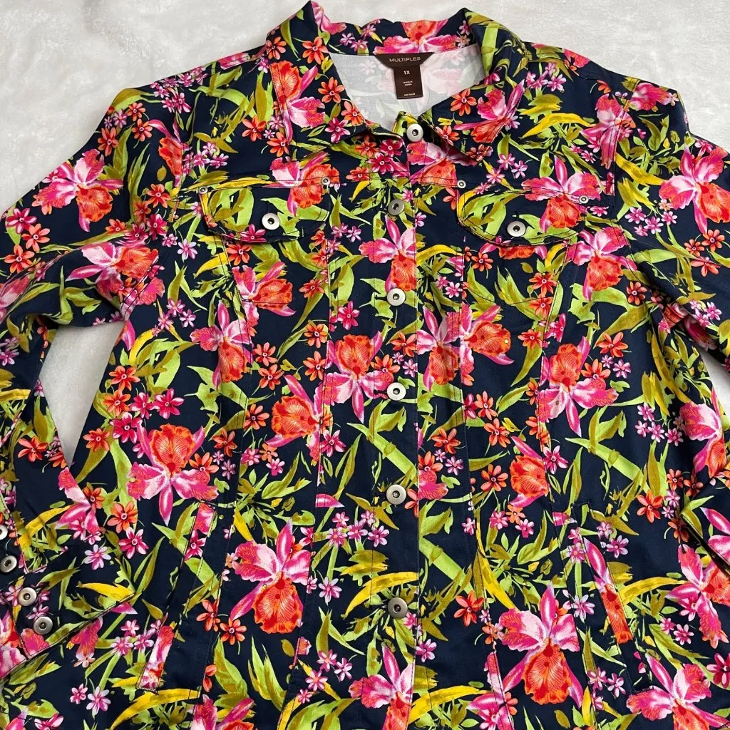 Multiples Floral Button Up Jacket Women's Plus Size‎ 1X  Cotton Embellished - Image 4
