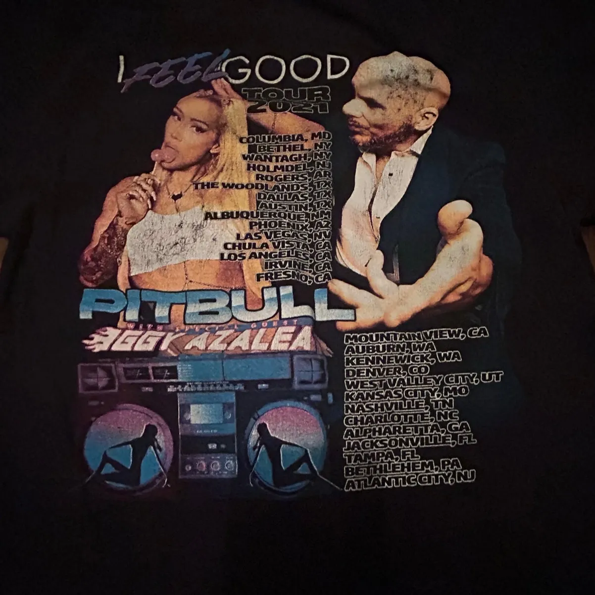 ⭐️ Pitbull And Iggy Azalea‎ I Feel Good Tour 2021 Black Cotton Band Shirt Small - Image 3