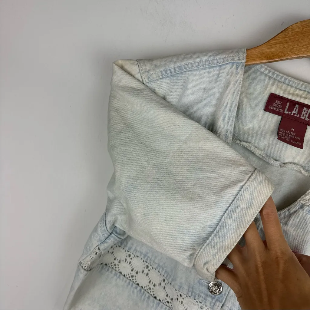 Vtg L.A. Blues Denim Button Up Puff Sleeve Top Sz Medium Lace Cottagecore - Image 10