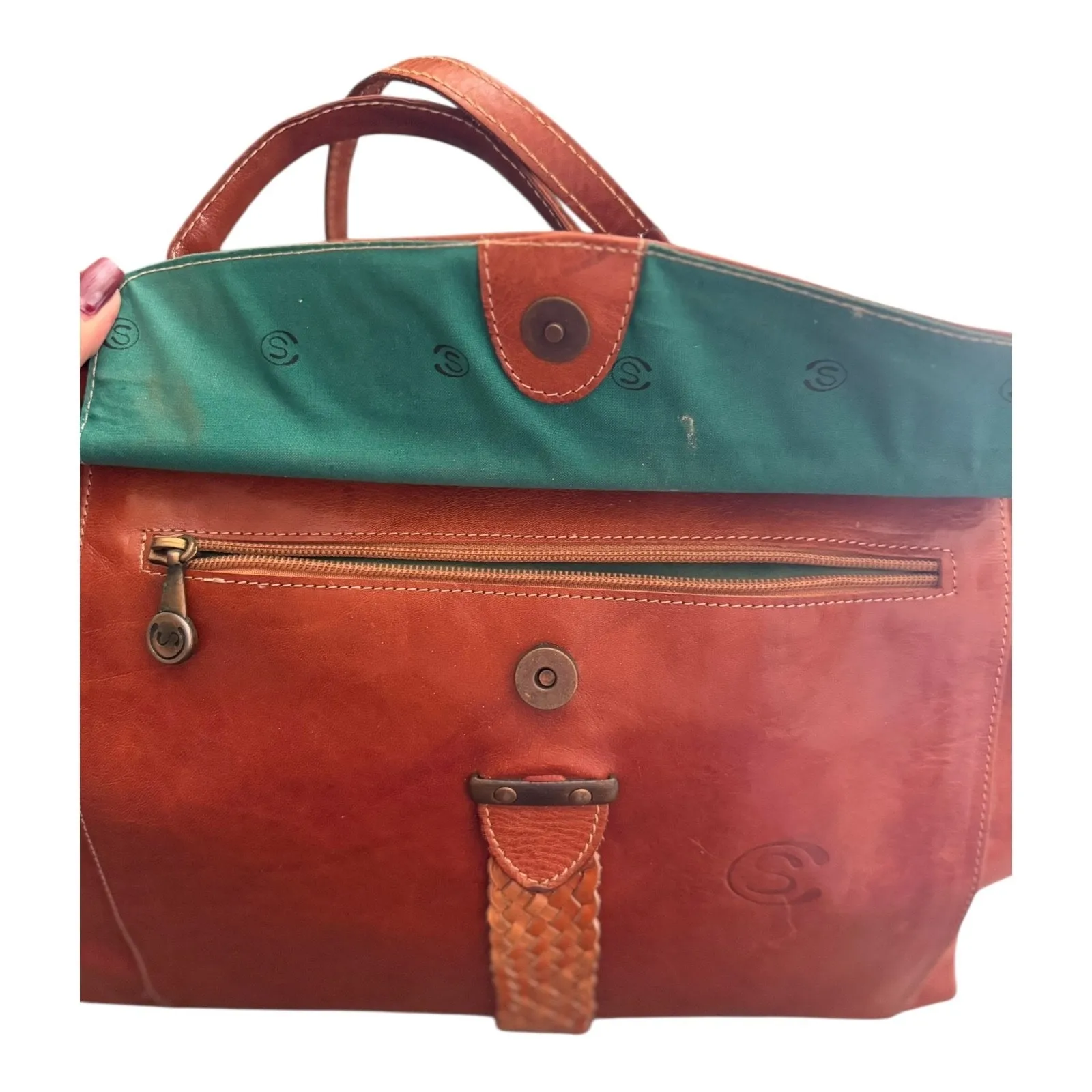 Vintage Brown Leather Satchel Tote Business Bag with Detachable Shoulder Strap - Image 3