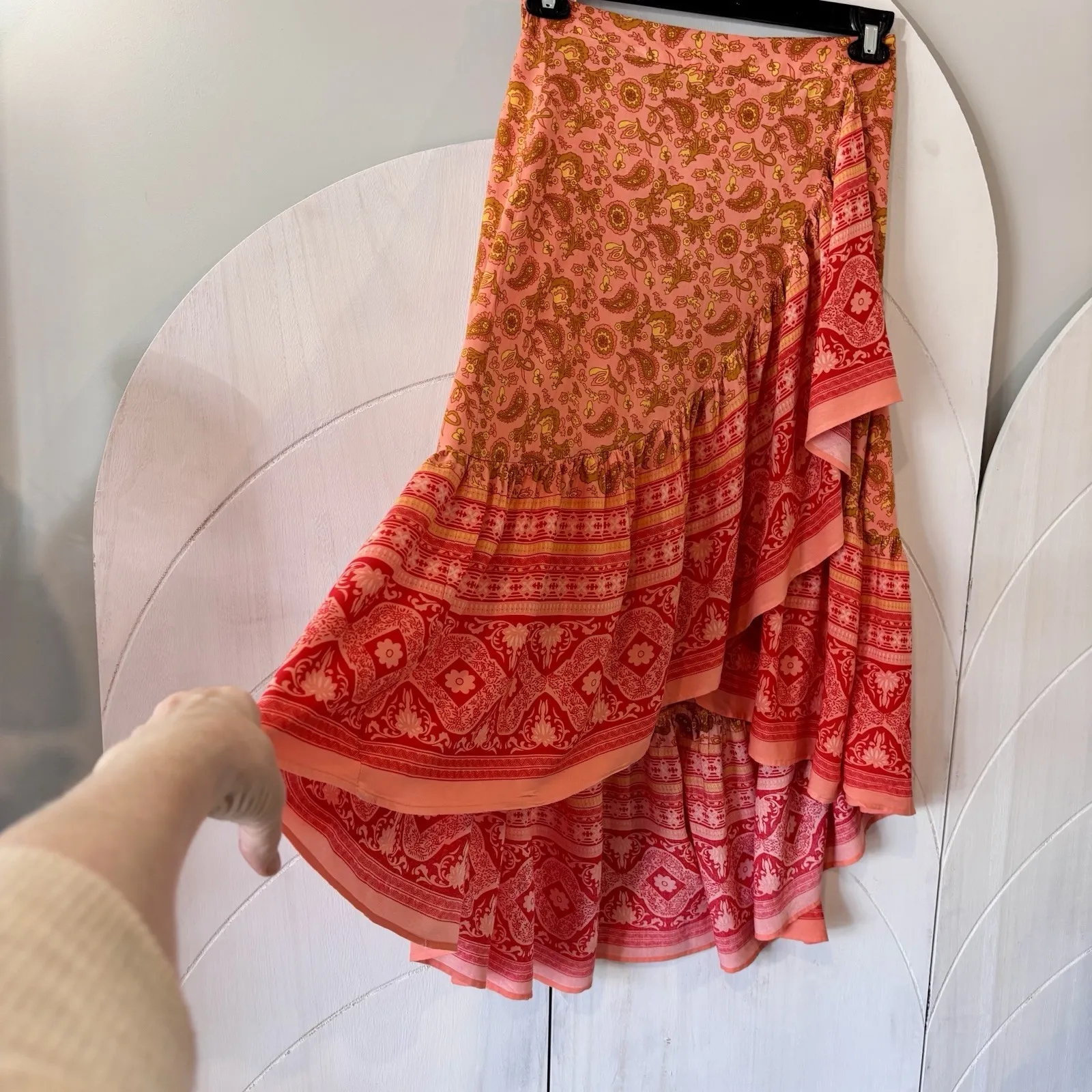 Rusttydustty Boho Asymmetrical Skirt Paisley Floral Ruffle Hem Viscose Medium - Image 2