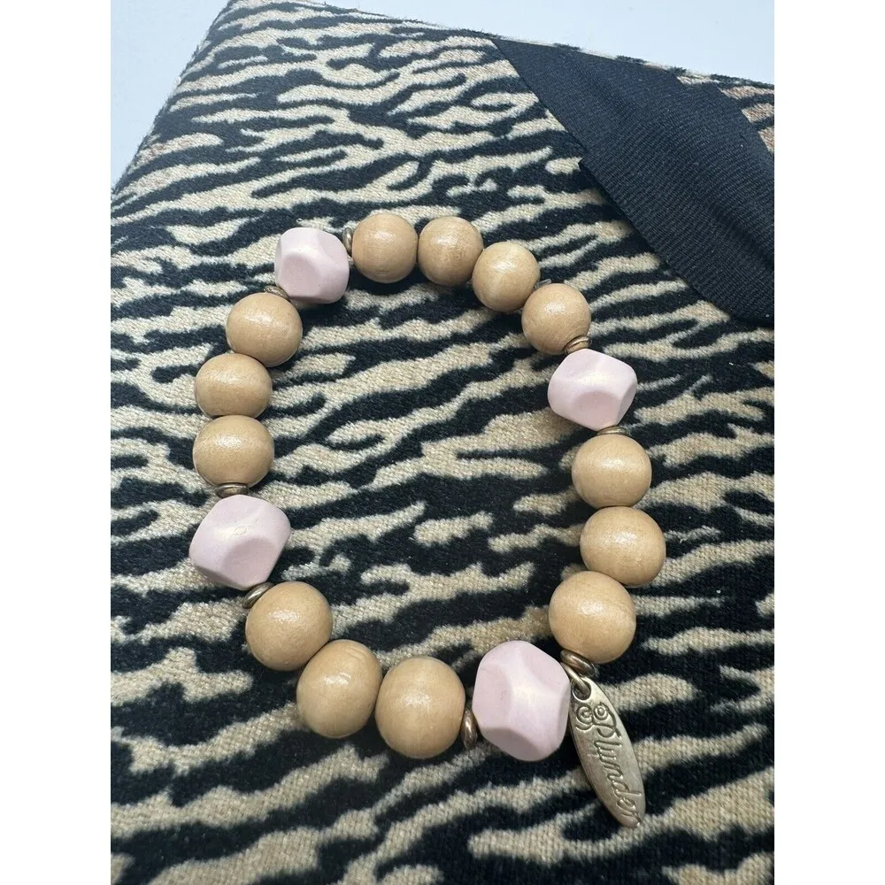 Plunder Natural Wood Peach Beads Gold Tone Tassel Bracelet Jewelry - Image 7