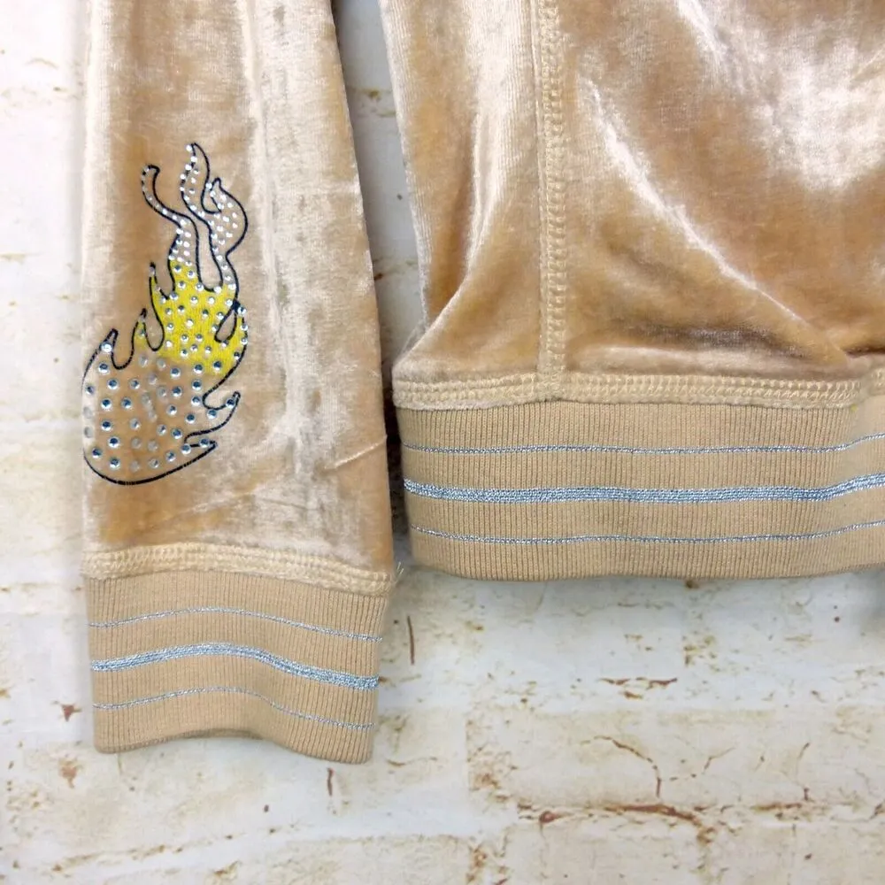 Vtg BCBGMAXAZRIA Y2K Velour Hoodie Track Jacket M Beige Rhinestone Graphic Flame - Image 7