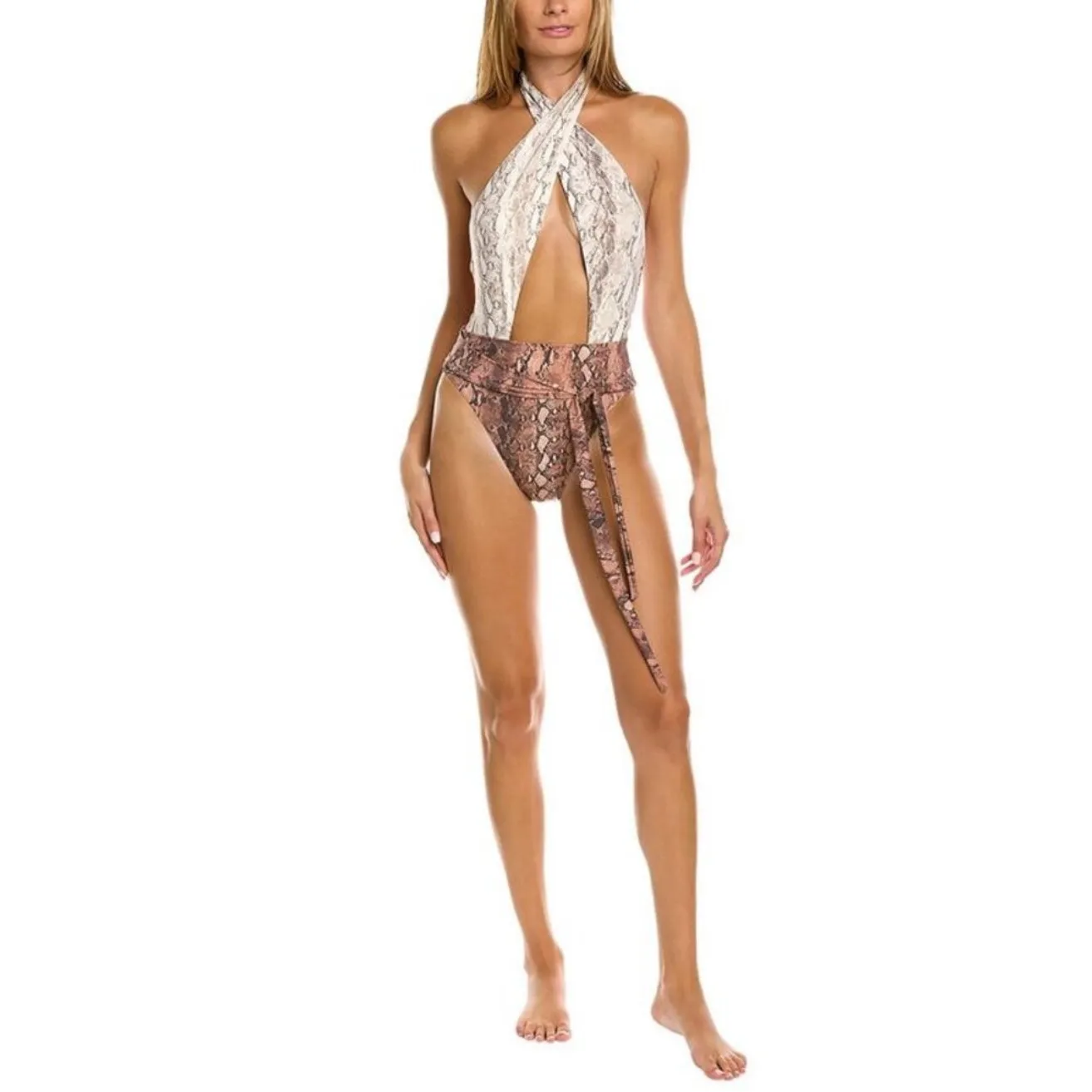 PQ Swim PILYQ Swimsuit Size Medium Alex Kaa Snake Print Halter One Piece NWT Brown - Image 2