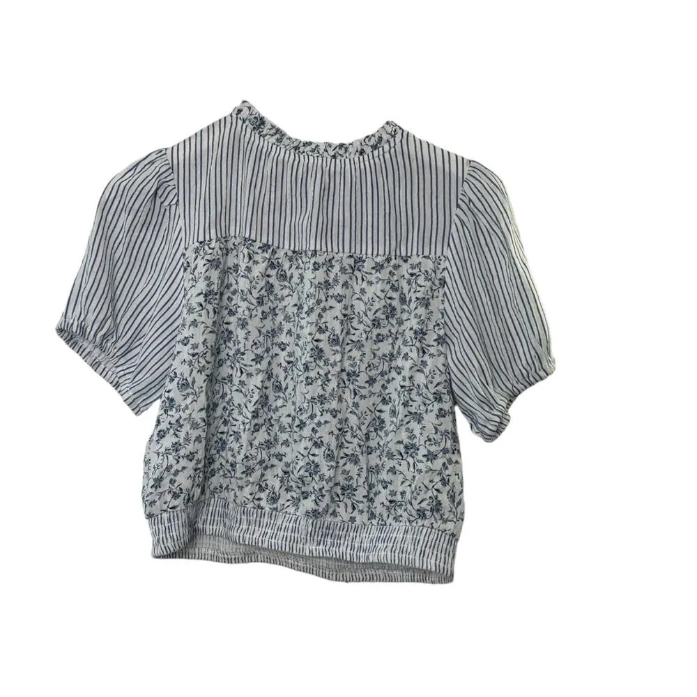 American Eagle Blue & White Stripe & Floral Print Button-Up Crop Top Sz Medium - Image 3