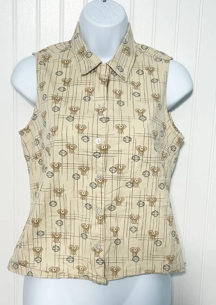 Harley Davidson Tori Richard Printed Engine Button Up Top Aloha Wear Tan Small Black - Image 1