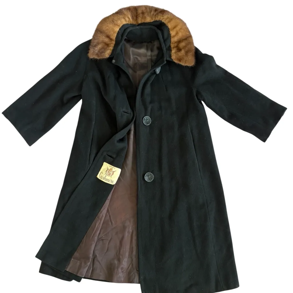 Women's Vintage 1950’s Black 100% Cashmere Coat, Mink Collar, Silk lining, Med - Image 2