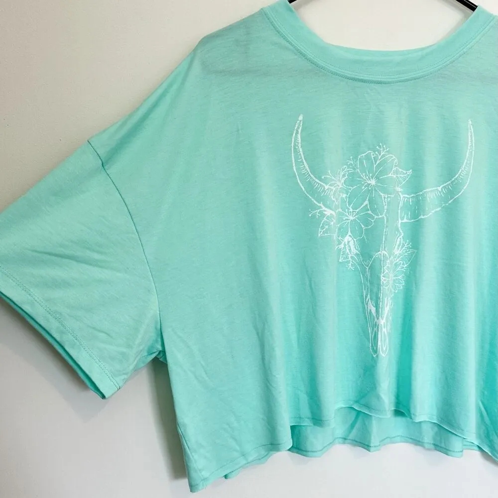 NWT Wst Cst Nordstrom Boxy Crop Oversized Mint White Cow Skull T-Shirt - Large - Image 2