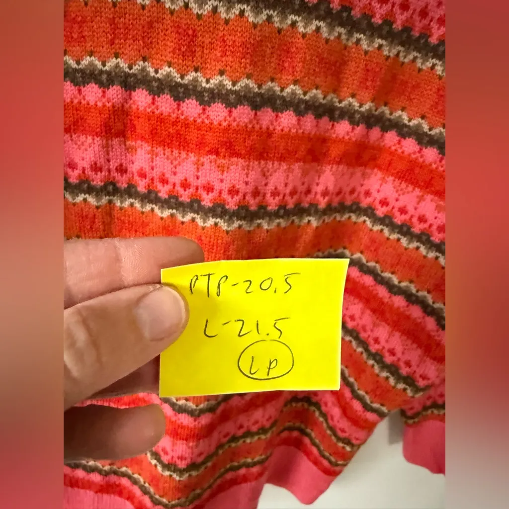 VTG Striped V-Neck Wool Sweater Multi Color Pink Red Green Hippie Boho Size S M - Image 8