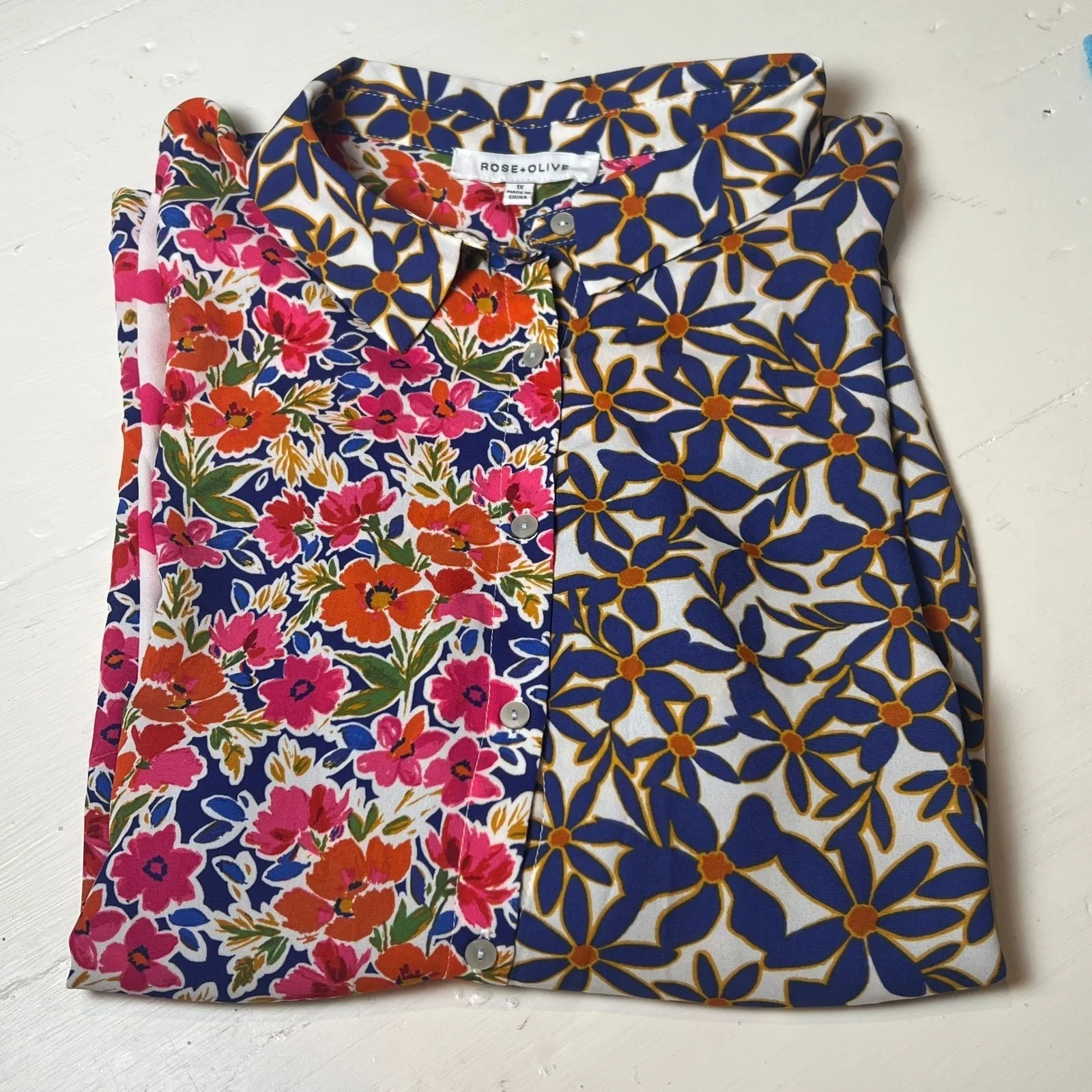 Rose + Olive Women's Plus 1X Multicolor Button Front Blouse Mixed Print - Image 5