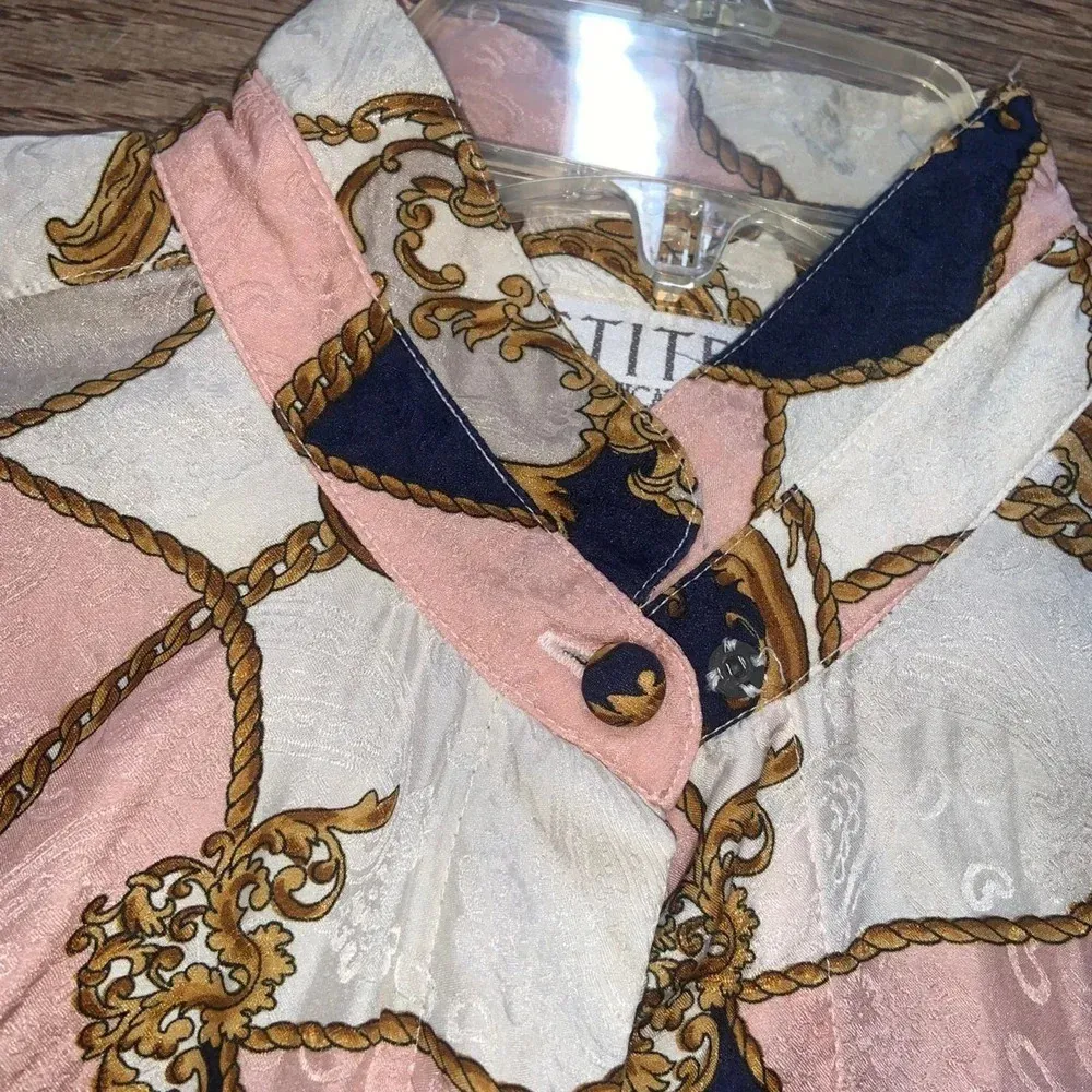 Silk vintage button up chain print 90s blue pink gold boho preppy classic - Image 2