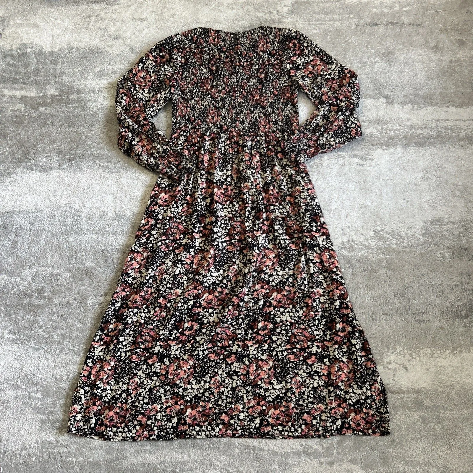 Fat Face Dress Womens 8 Floral Print Midi Pockets Long Sleeve Black Pink - Image 9