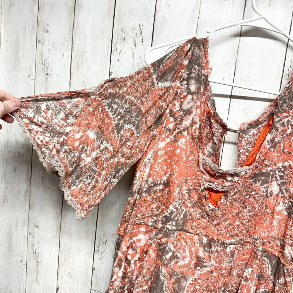 Free People Dress Women Size XS Boho Love Bird Orange Printed Cold Shoulder Mini - Image 7
