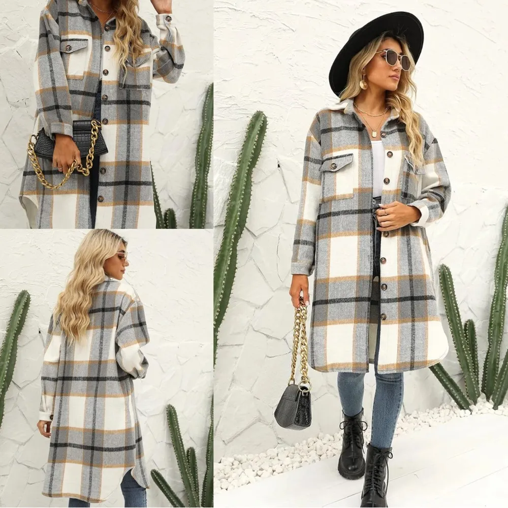 Plaid Flannel Button Long Shacket Shirt Jacket Peacoat Trench Coat Small - Image 6