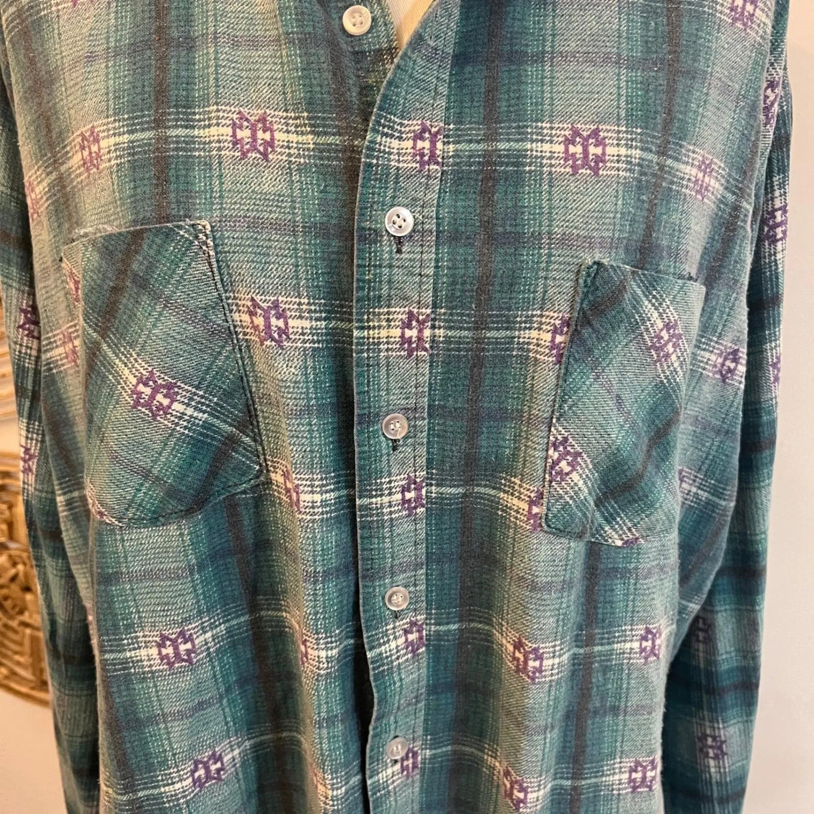 Vintage 90s Teal Plaid Flannel Shirt Made in USA Cotton Grunge Boho Western L Blue Size L - Image 4