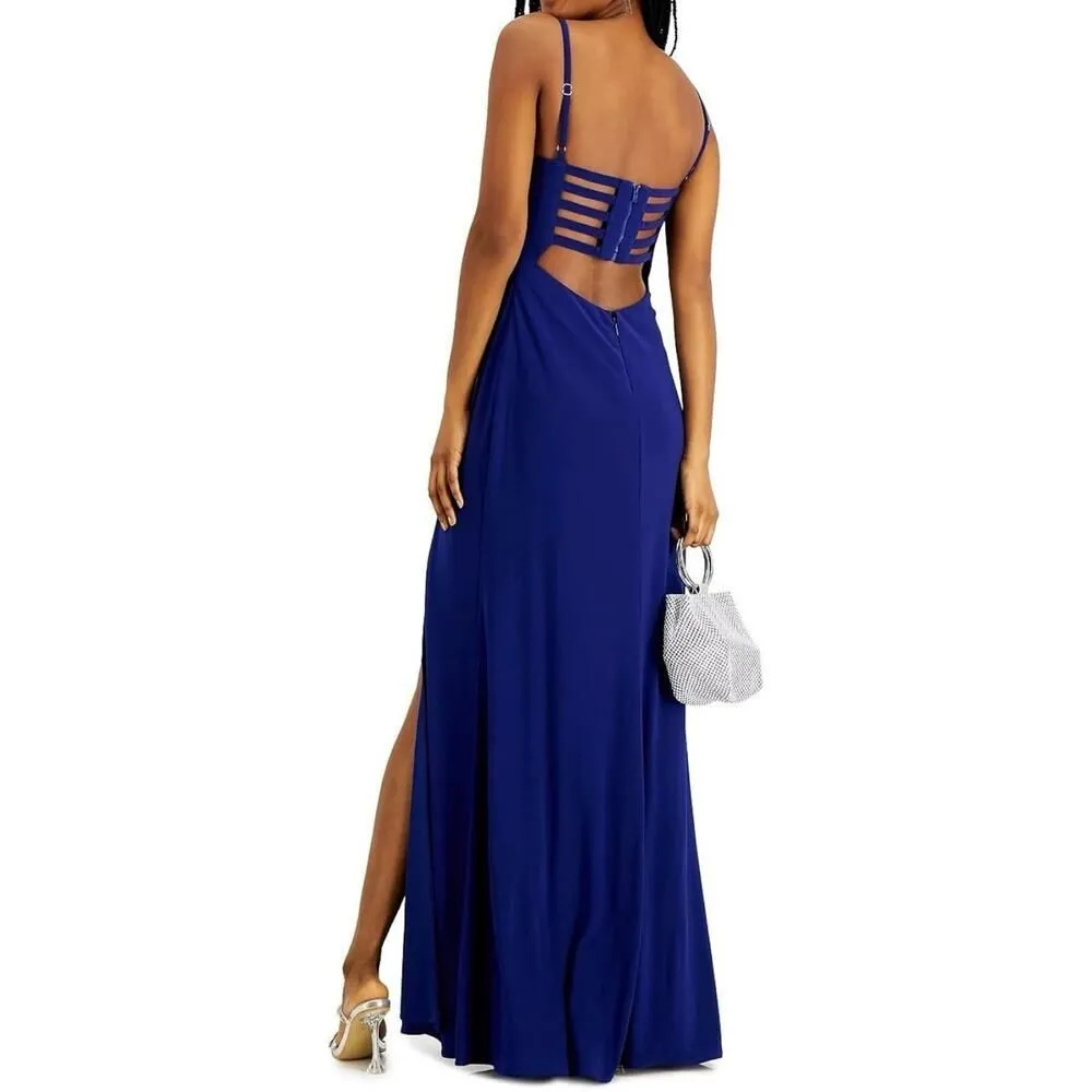Morgan & Co. Strappy Open Back Jersey Gown Junior's Plus Sz 15 Blue Maxi NWT - Image 2