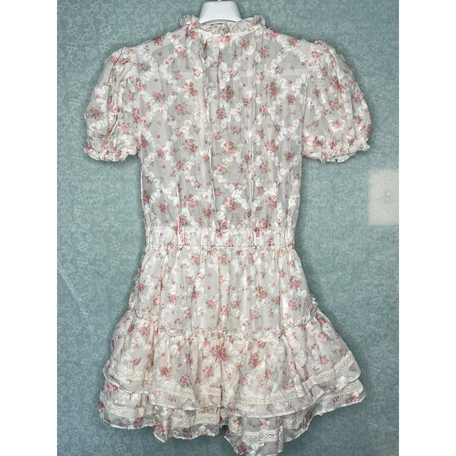 Amable by Mable Lennon White Pink Floral Tiered Mini Dress Size Large NWT 12 oz - Image 9