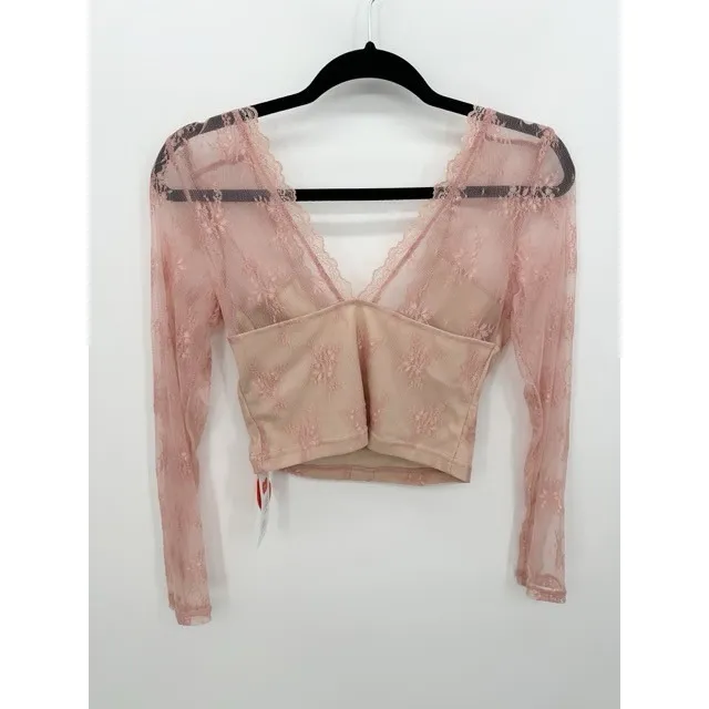 Cider Pink Lace Long Sleeve Crop Top Button Front Size M Witchy Fairy Romantic - Image 2