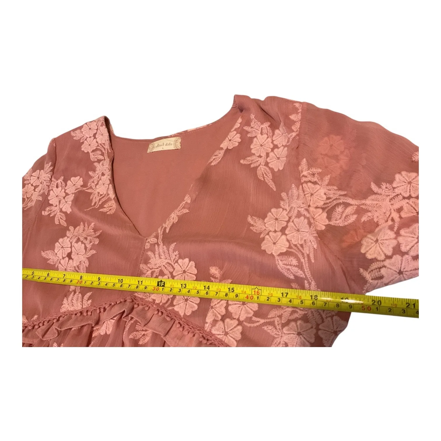 Altard State Dusty  Rose Floral Embroidered Ruffle V Neck Mini Dress Long Sleeve - Image 8