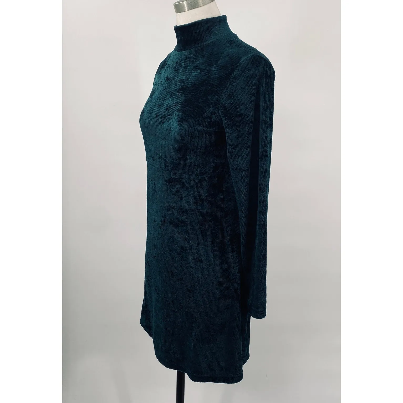 Vintage 90s All That Jazz Velvet Mini Dress Mockneck Long Sleeve Ribbed Teal S Green - Image 3