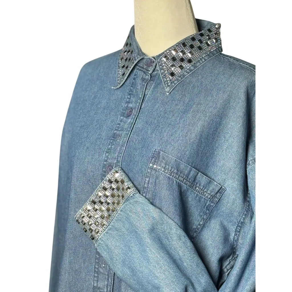 Vintage 80s Grand Ole Opry L/XL Blue Denim Button Down Shirt Rhinestone Studs - Image 5