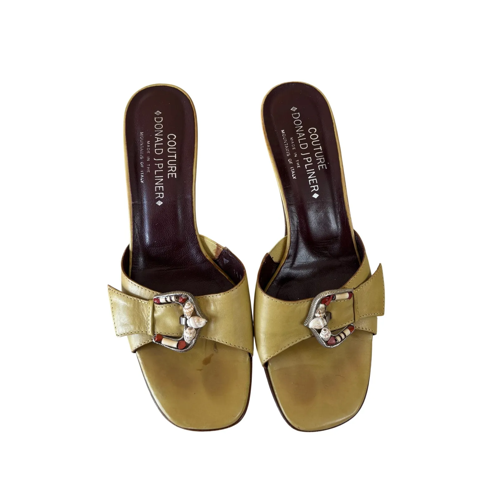 Donald Pliner Sage Green Leather Sea Shells Embellished Metal Buckle Shoe Slide Size 8 - Image 2