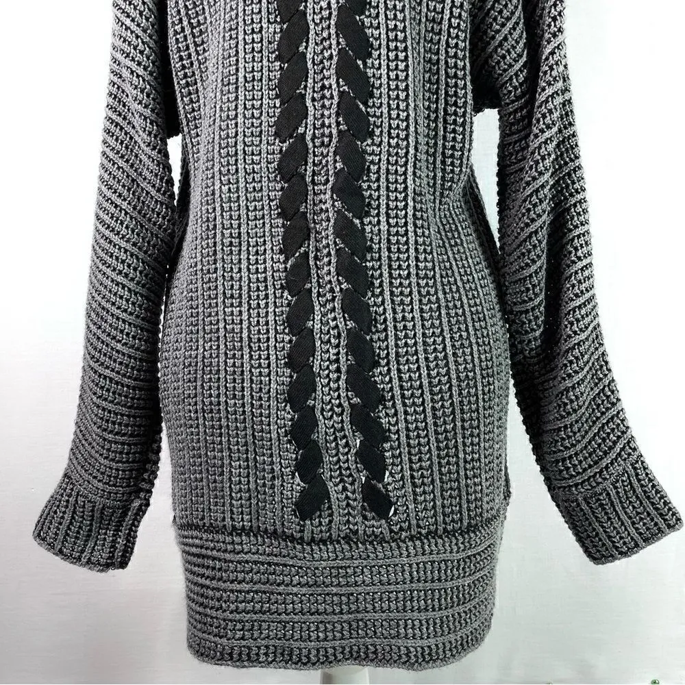 Pink Rose Back Ribbon Detail Chunky Cocoon long Cardigan Sweater (Grey) - Small - Image 8