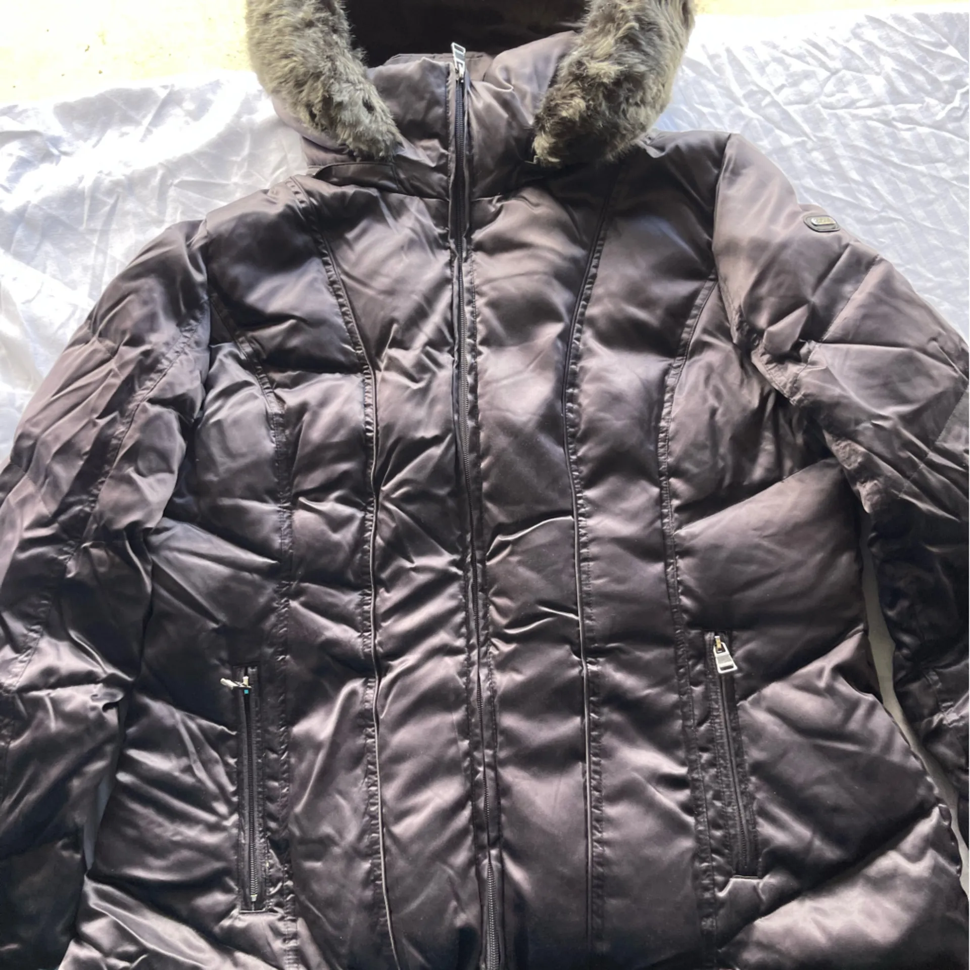 Calvin Klein Gray Silver Brown Faux Fur Hood Women’s Sz XL Puffer Coat - Image 2