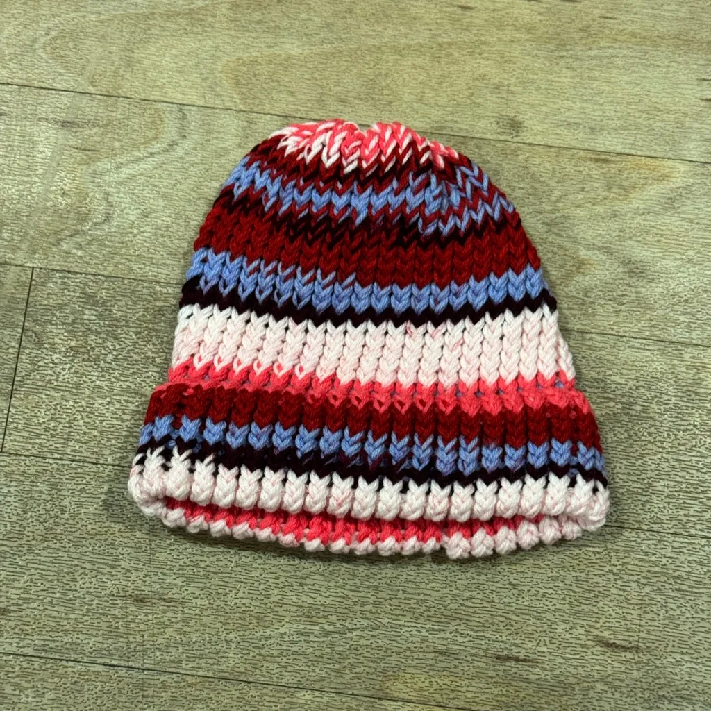 New Handmade Knit Beanie Pink Red Purple Black Stripped Pattern - Image 2