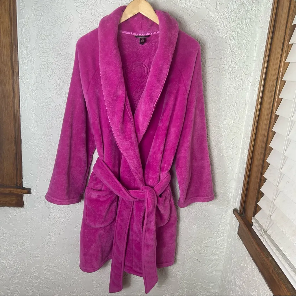 VICTORIA’S SECRET Fluffy Pink Plush Fleece VS Crest Front Tie Robe Size L - Image 3
