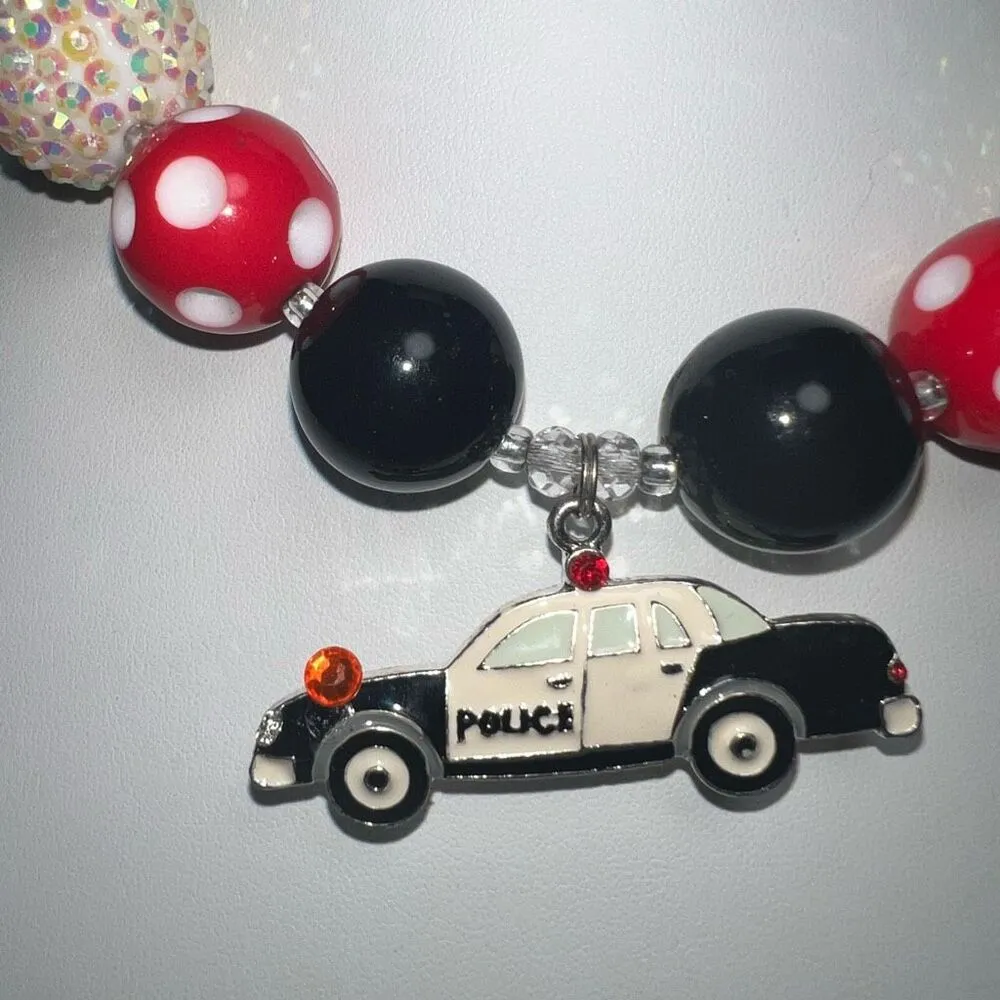 Vintage Black, white and Red Bubblegum Acrylic Necklace With Police Car Charm Black - Image 2