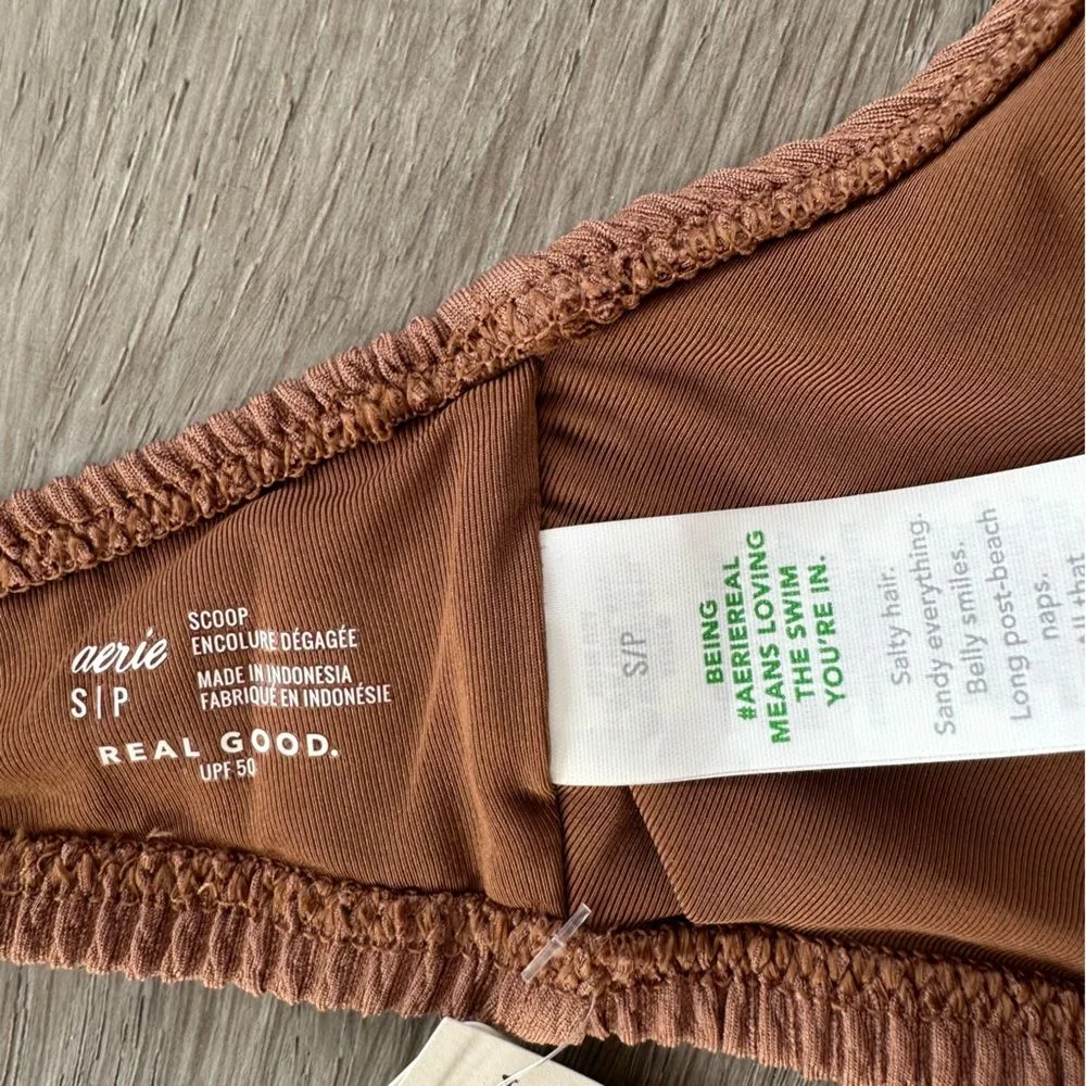 Aerie Crinkle Ribbed Lace Up Bikini Top Swim Women’s Small Brown NEW - Image 5