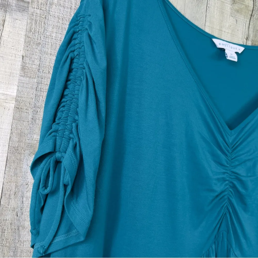 Boutique Size 3X Turquoise V-Neck Baby Doll Top Short Tie Sleeves - Image 3