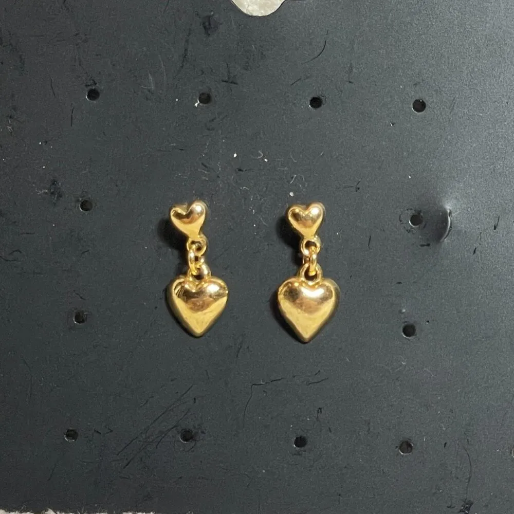 Vintage Gold tone Double Heart Drop Earrings for pierced ears - Image 4