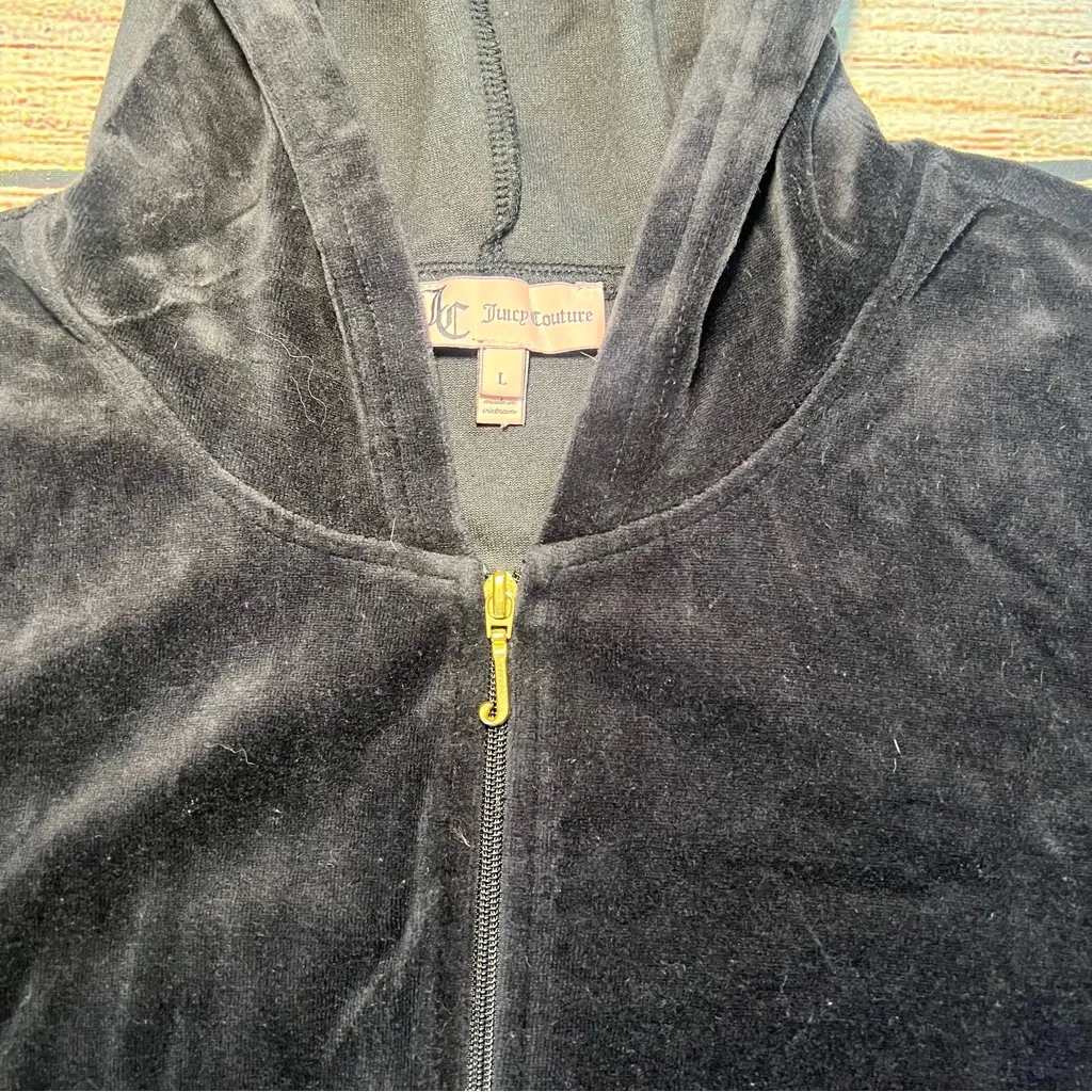 Juicy‎ Couture USA Velour Zip-Up Track Jacket Black Y2K Womens Large Rhinestones - Image 3