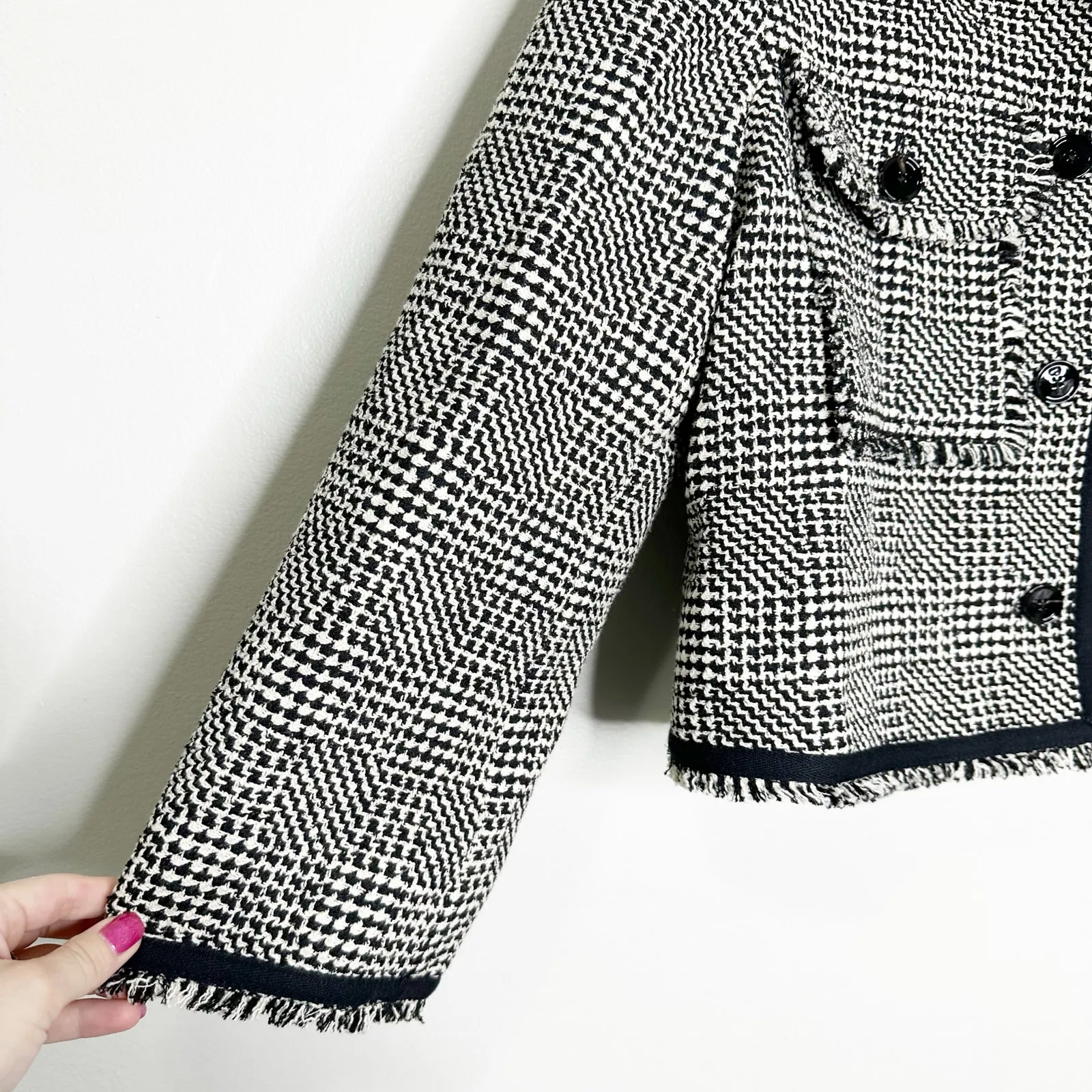 ME+EM Textured Swing Jacket Black White Tweed Cotton Wool Blend Fringe Trim 6 - Image 6