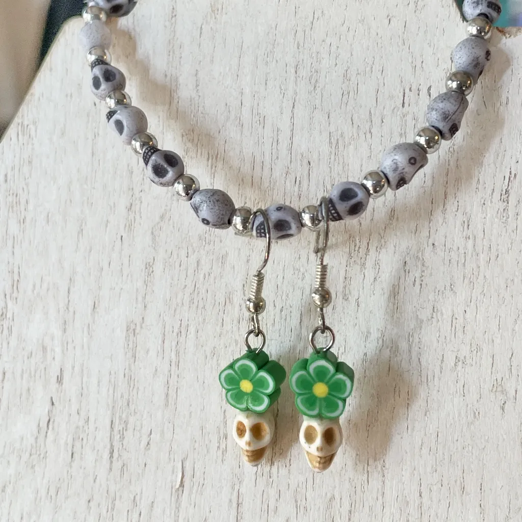 Dainty Tiny Skull Bracelet Earring Set Whimsigoth Bundle Green - Image 8