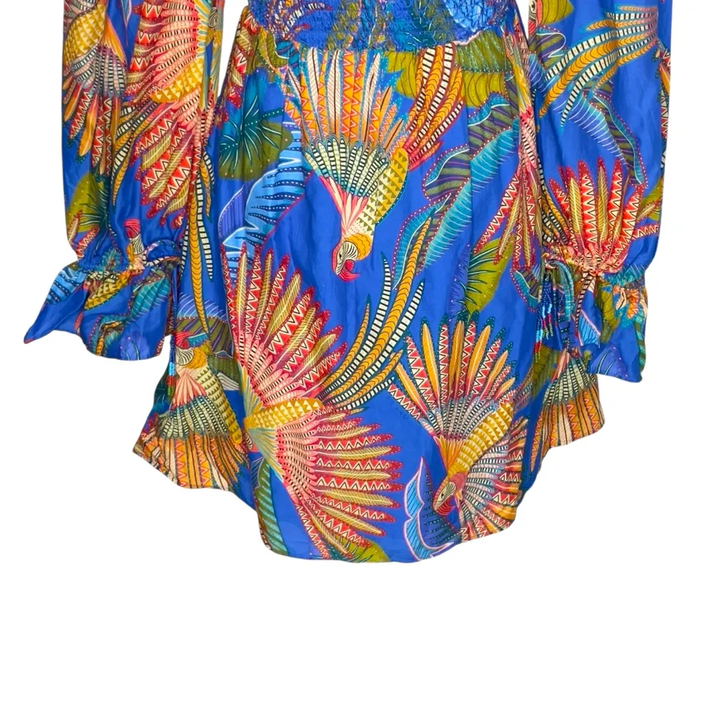 Farm Rio Macaw Flight Mini Dress Smocked Anthropologie Puff Sleeves Size XXS - Image 10