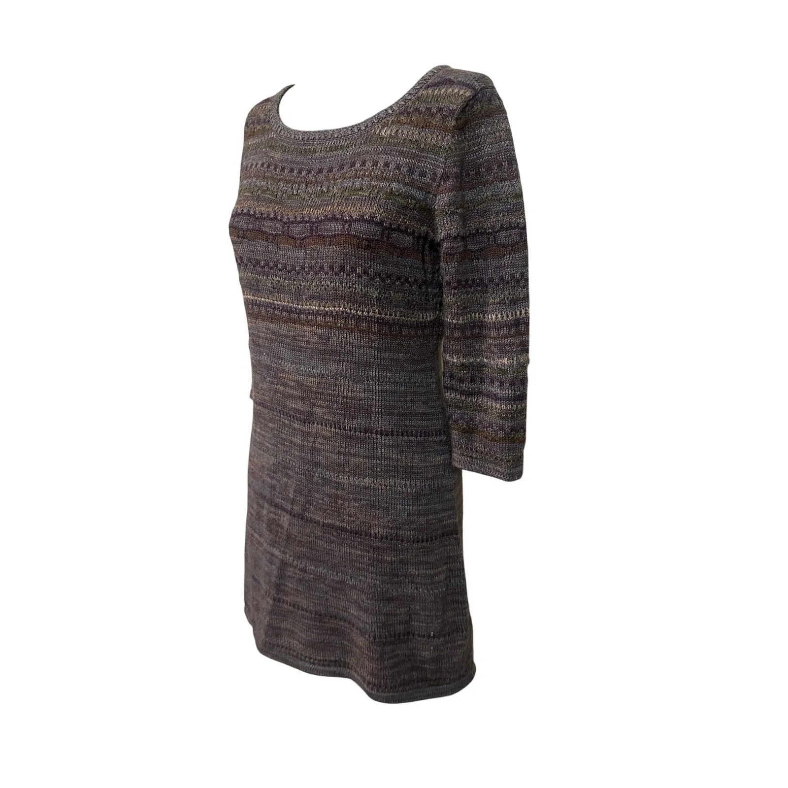 Peruvian Connection Mini Sweater Dress Fair Isle Brown Stripe Cotton Wool XS - Image 6