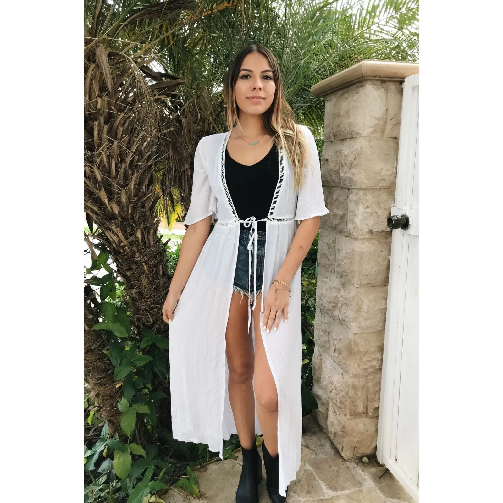 Bear Dance Womens Swim Coverup Sz M White Silver Trim Tie Front Longline Kimono - Image 3