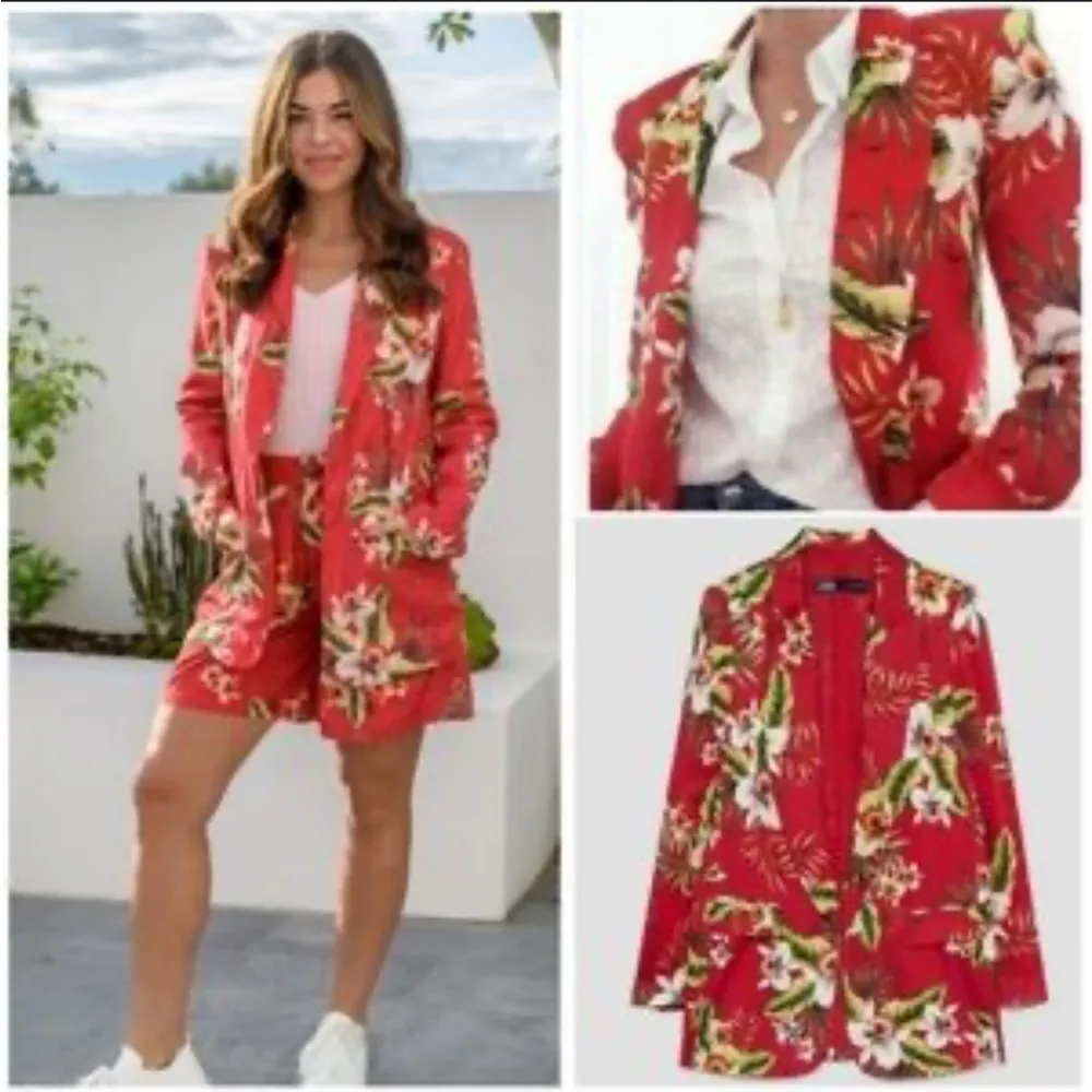 Zara Satin Floral Hawaiian Print Blazer Red/Green SIZE XS NEW - Image 8