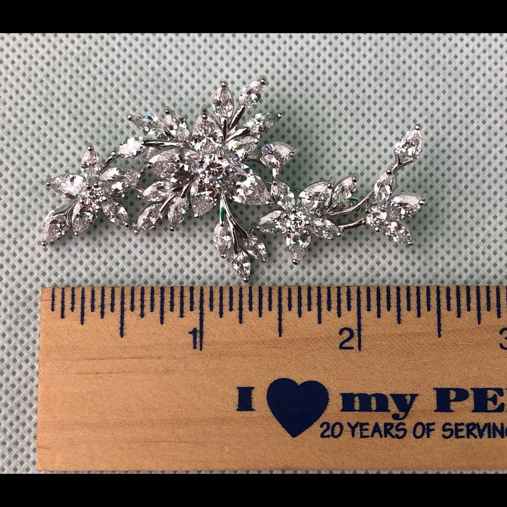 Vintage Silver Tone Crystal Flowers Vine Brooch - Image 2