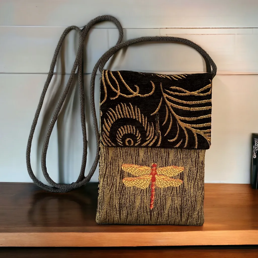 Gypsy Camp Boodle Bag Dragonfly & Peacock Feather Tapestry Boho Crossbody Black - Image 2