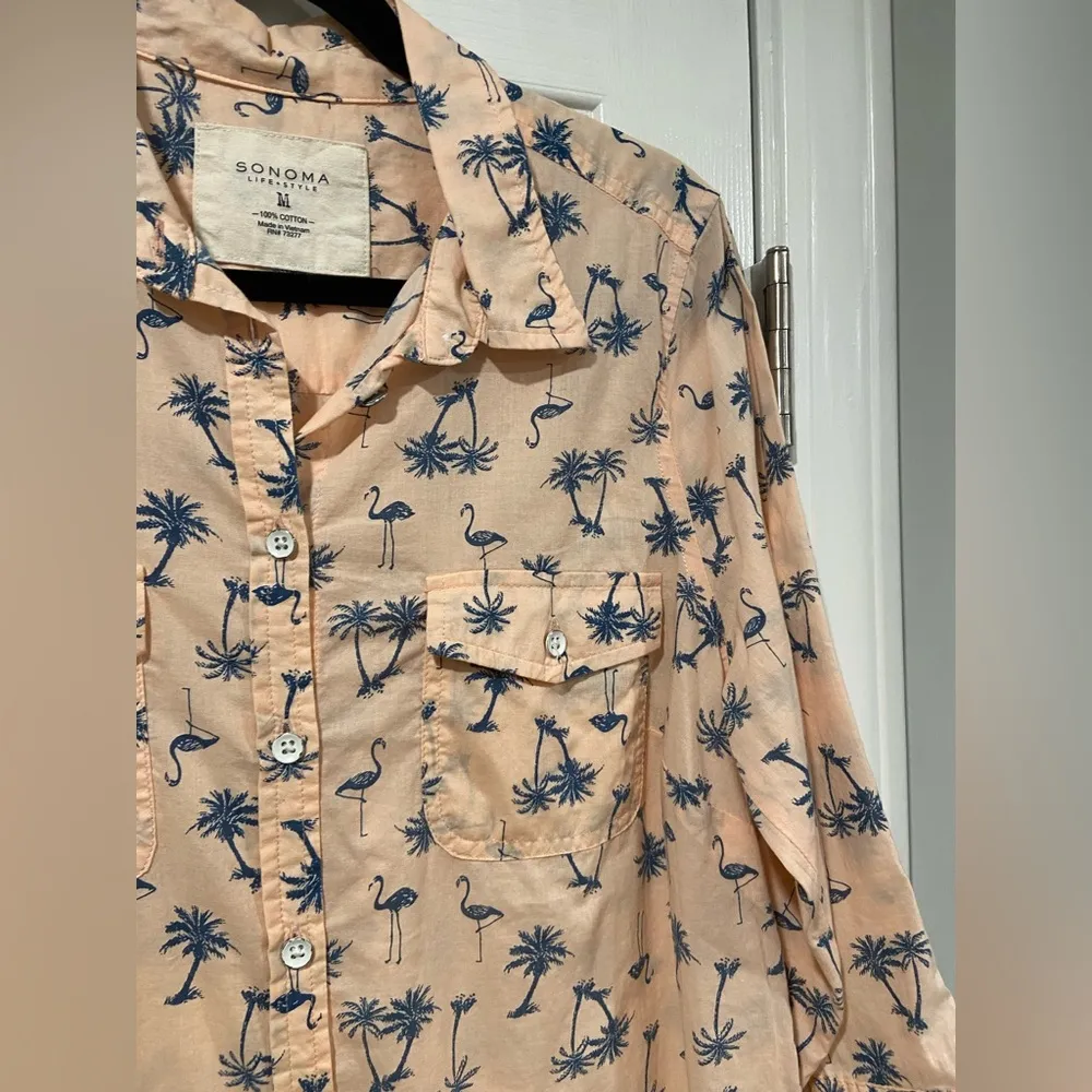 Sonoma Size M Pink Blue 3/4 Sleeve Button Down Shirt Flamingo Palm Tree Print - Image 2