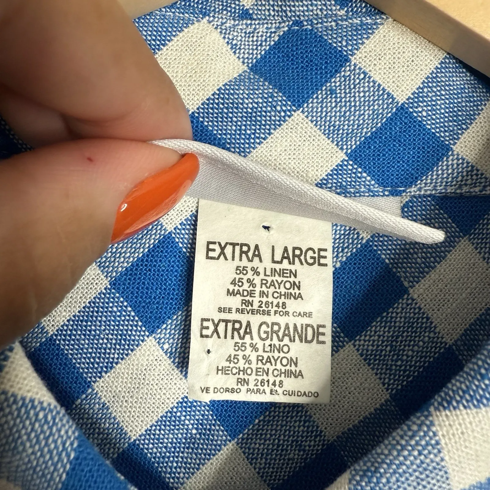 Jaclyn Smith Linen Rayon Blend Plaid Check Tunic Pull Tab Sleeves Blue White XL - Image 4