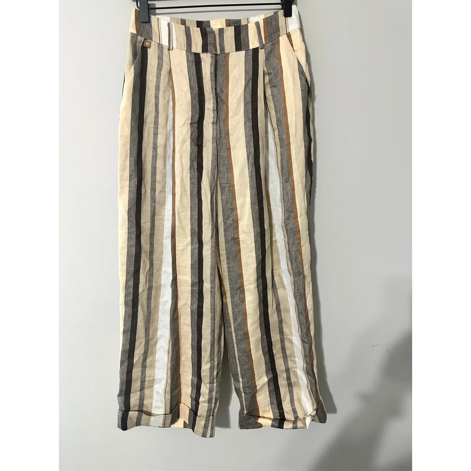 Manila Grace Striped Wide Leg Linen Blend Pants Beige Brown Women's Size 4 Tan - Image 4